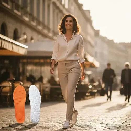 Femme souriante portant semelles gel soulagement pieds et talons